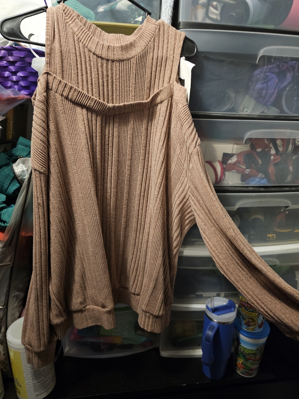 SHEIN Taupe Ribbed Off-Shoulder Sweater